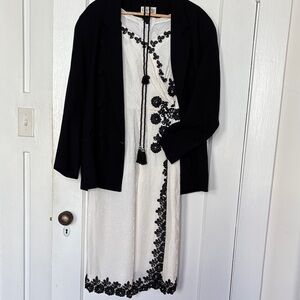 Vintage, handmade white velvet dress with pearl and black flowers